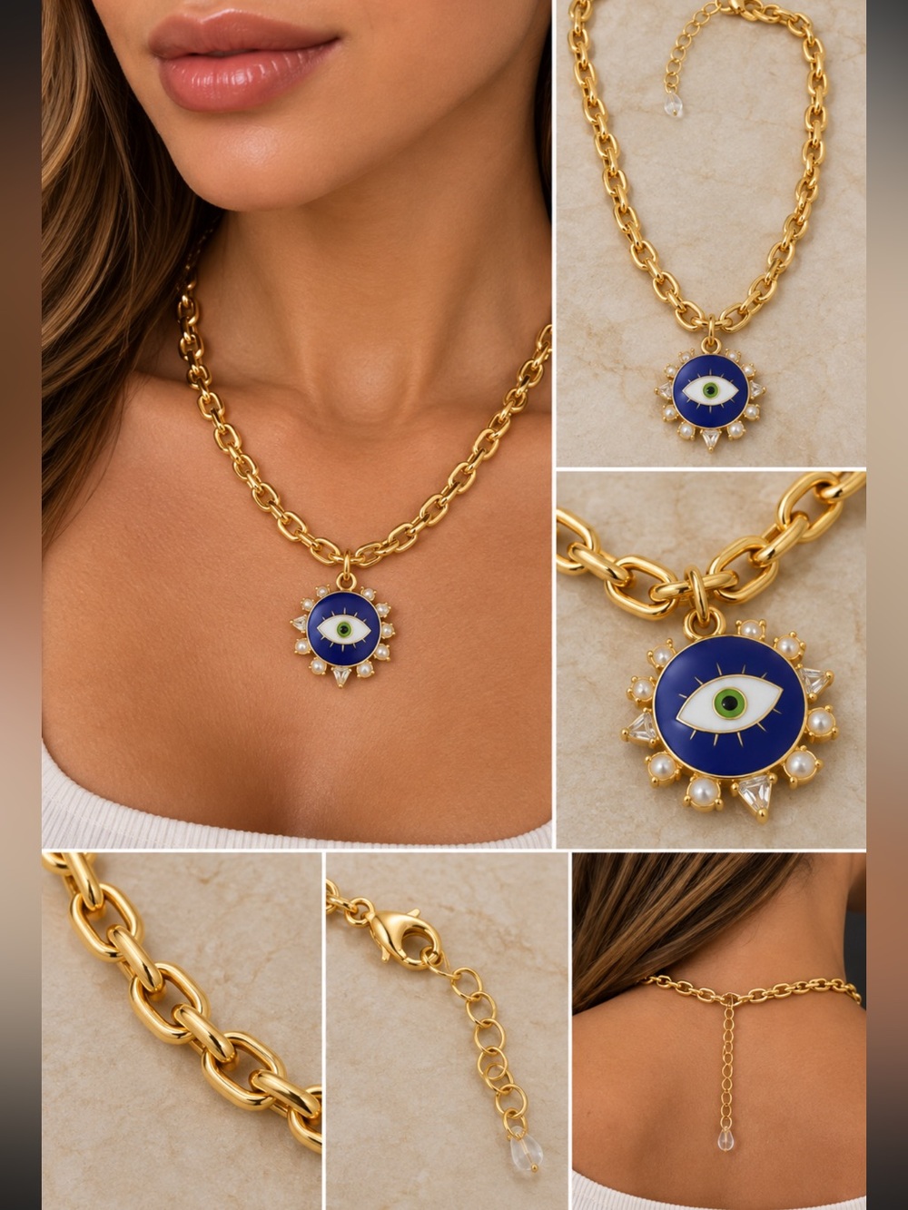 House of Harlow 1960 Gold Chain Necklace with Blue Evil Eye Pendant